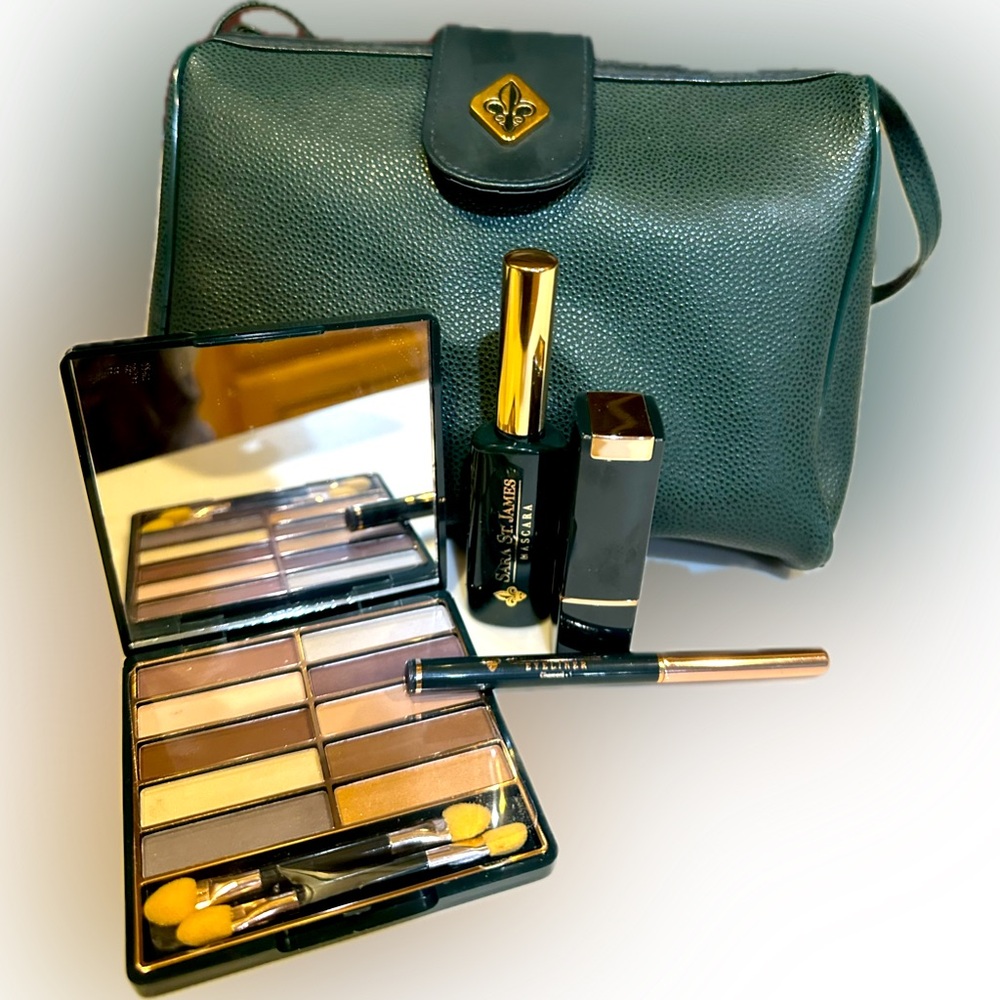 VTG RARE SARA ST JAMES MAKEUP SET DK GREEN CROSSBODY EYESHADOW LINER MASCARA LIP